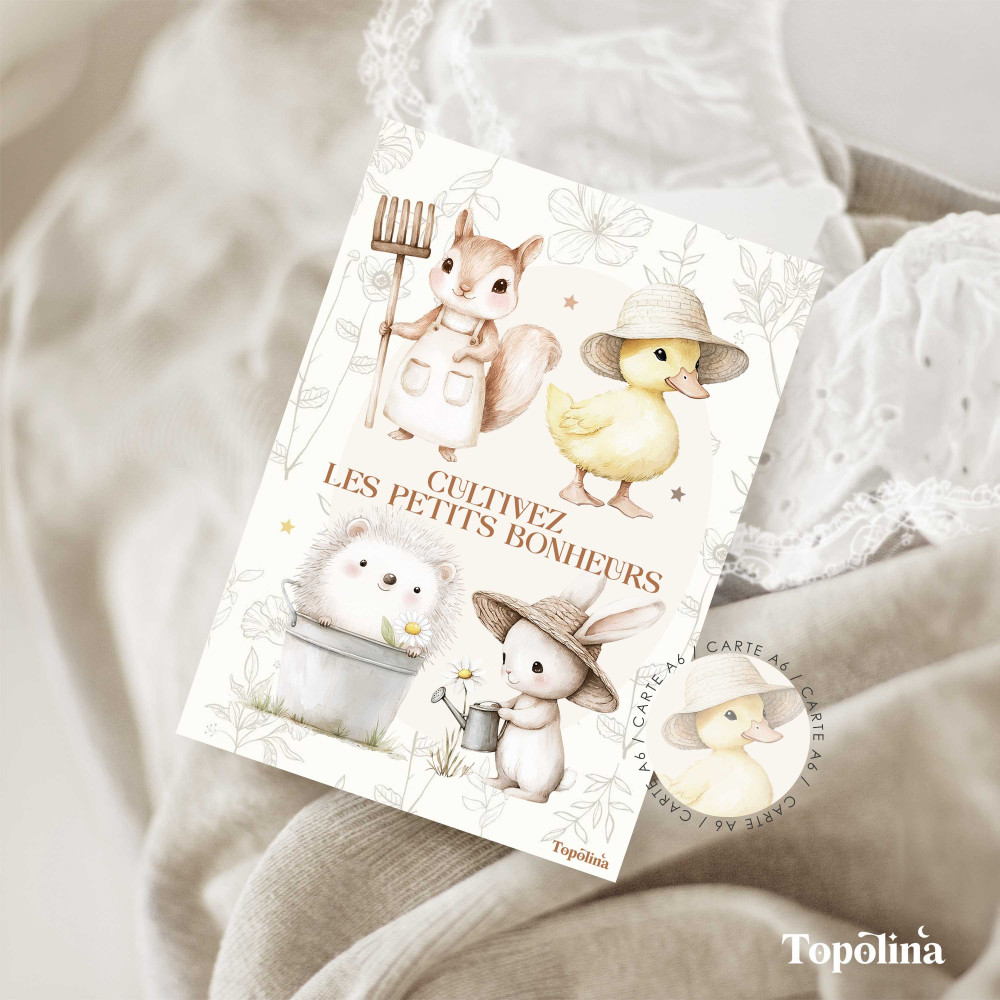 Carte postale animaux “Cultivez les petits bonheurs” – Illustration enfant douce