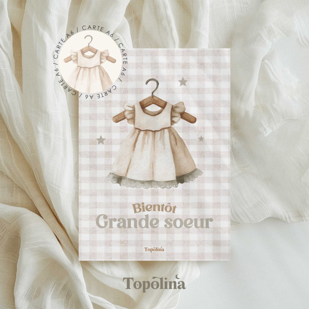Carte “Bientôt grande sœur” robe enfant – Annonce grossesse