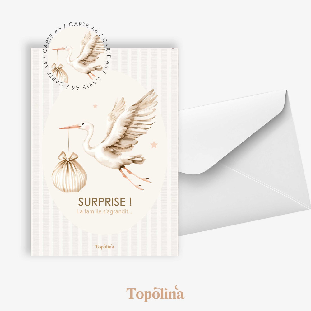 Carte annonce grossesse “Surprise, la famille s’agrandit”