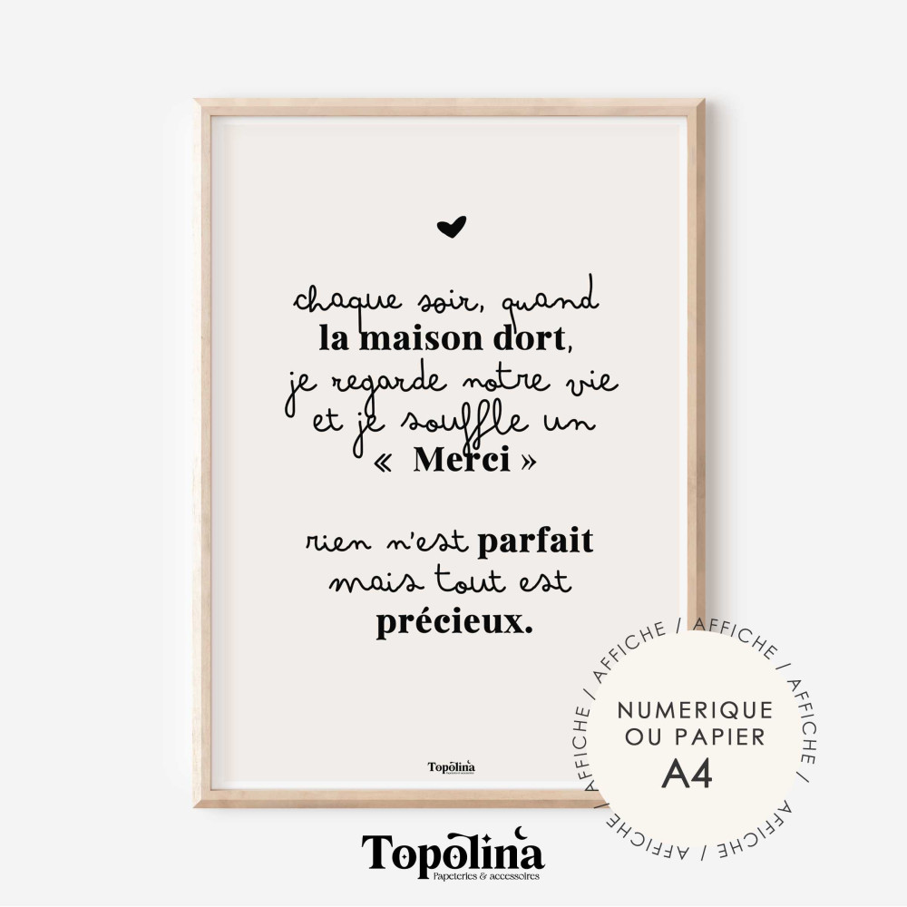Affiche citation famille – “Chaque soir quand la maison dort…” | Décoration murale tendre & poétique