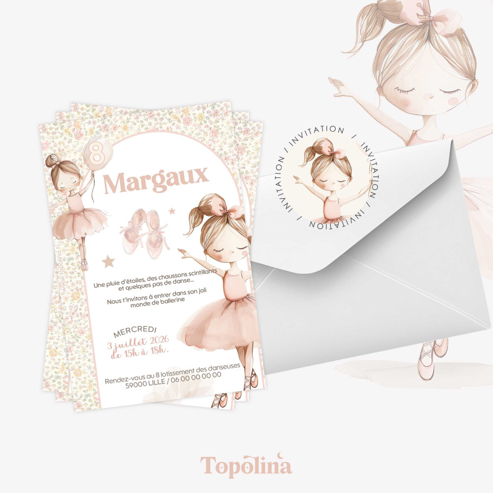 Invitation anniversaire enfant personnalisée – Thème danseuse & liberty