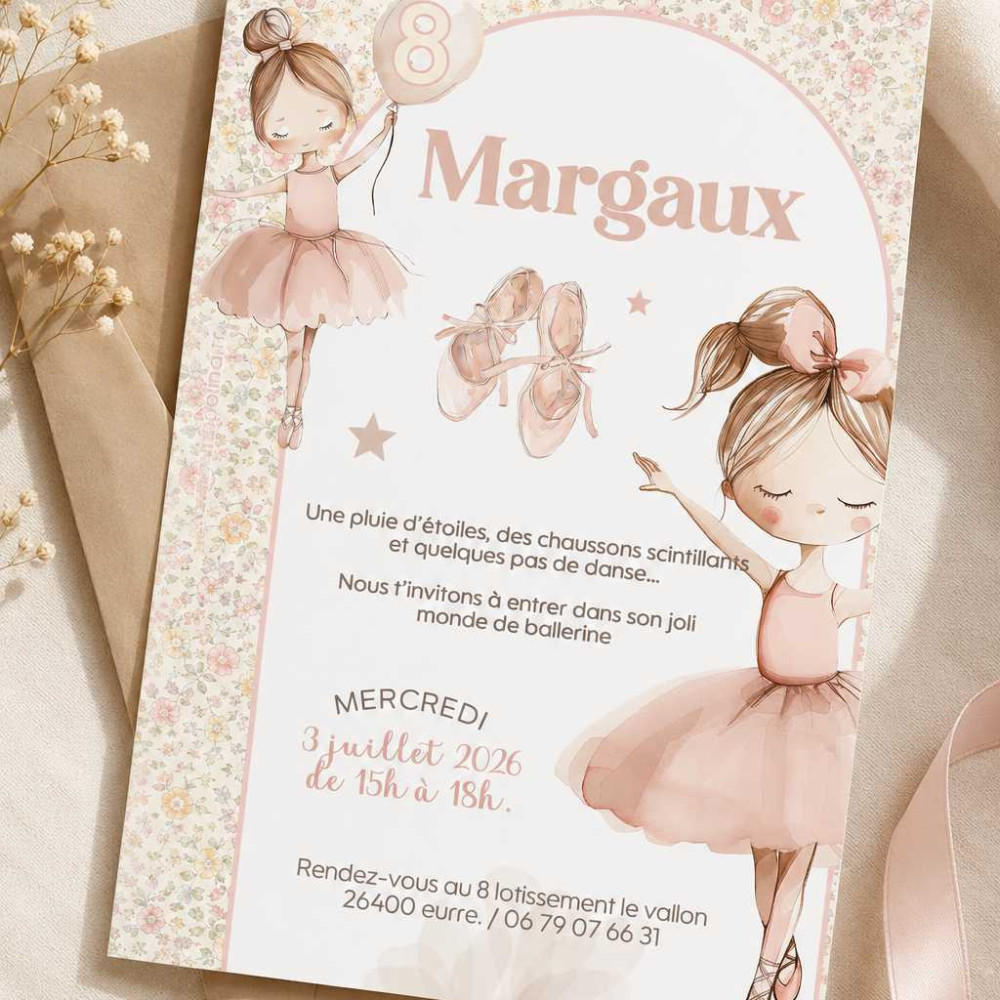 Invitation anniversaire enfant personnalisée – Thème danseuse & liberty