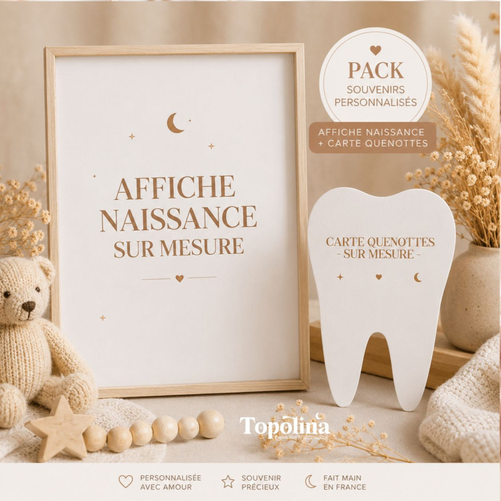 Pack Souvenirs de Naissance Personnalisés - Affiche de naissance + Carte Quenottes sur mesure
