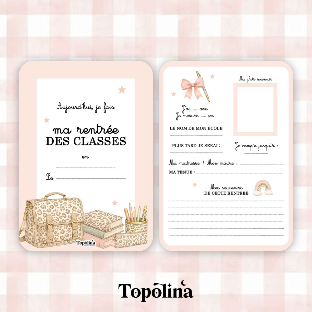 Carte souvenir rentrée scolaire personnalisée – Léopard rose