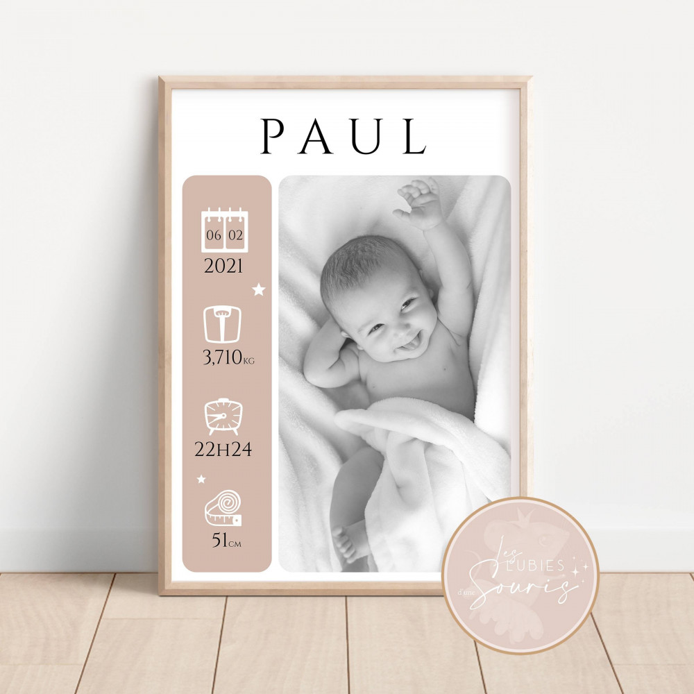 ★ Affiche naissance - Photos (Rose, bleu, vert, marron)