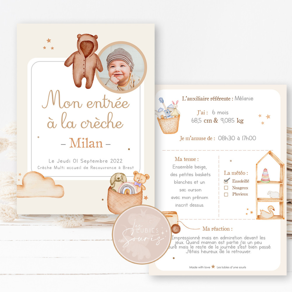 ★ Carte souvenirs de l'entrée à la crèche/chez la nounou
